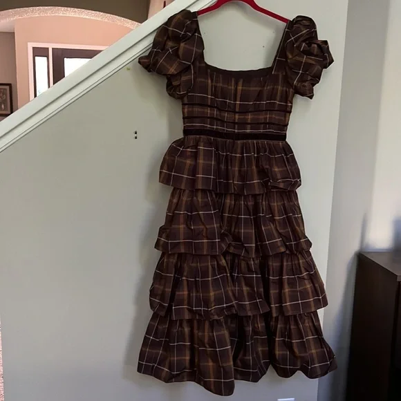 Antonio Melani Maisie Plaid Print Square Neck Puff Sleeve Ruffle Midi Dress - Picture 5 of 13